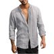 thumbnail image 1 of Camisa con cuello en V para hombre, de algodón y lino, informal, holgada, con cuello levantado Pompotops  oipoqjl8388, 1 of 6