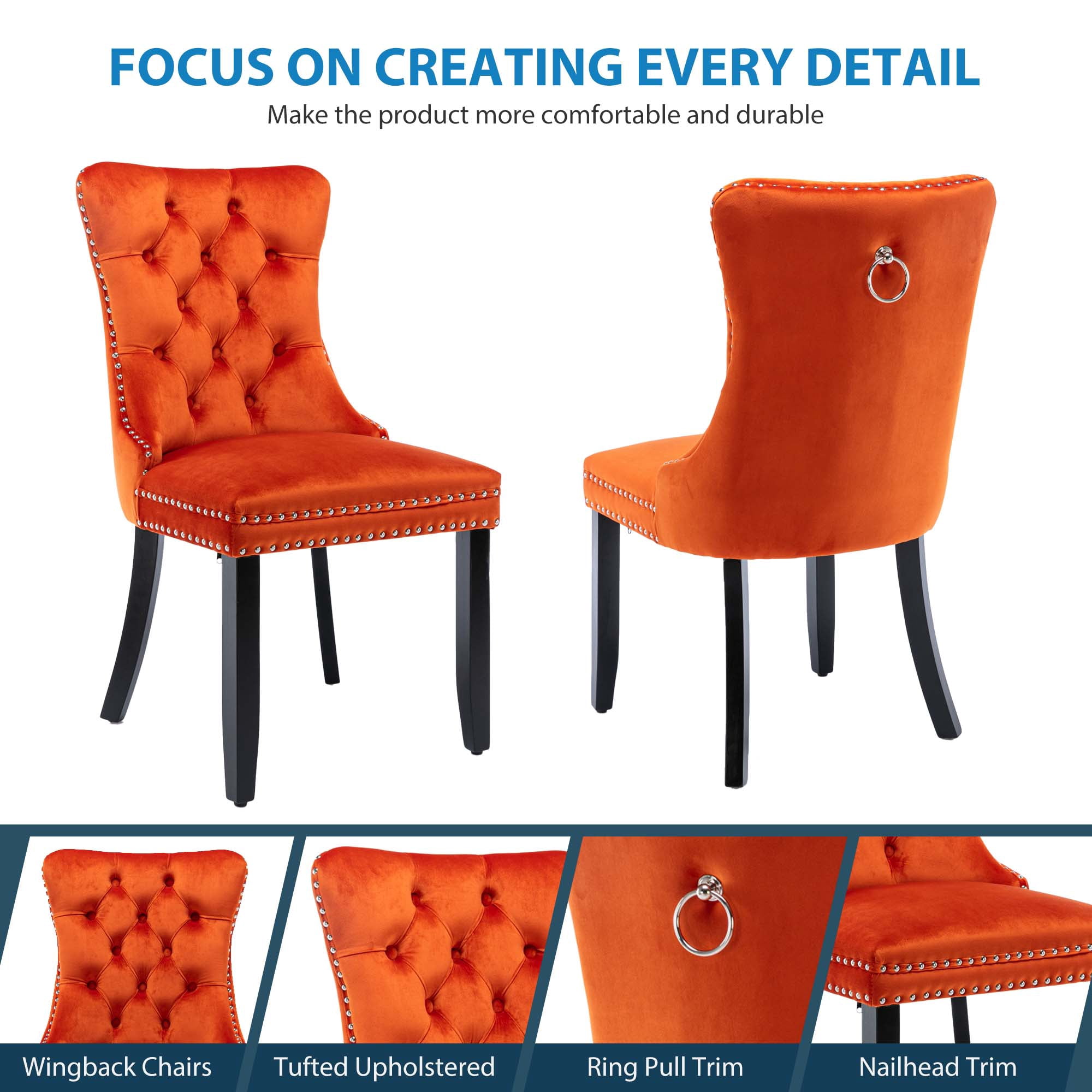 Aukfa High-End Upholstered Dining Chairs Set of 2, Modern Tufted Solid Wood Side Chair with Nailhead Trim - Orange