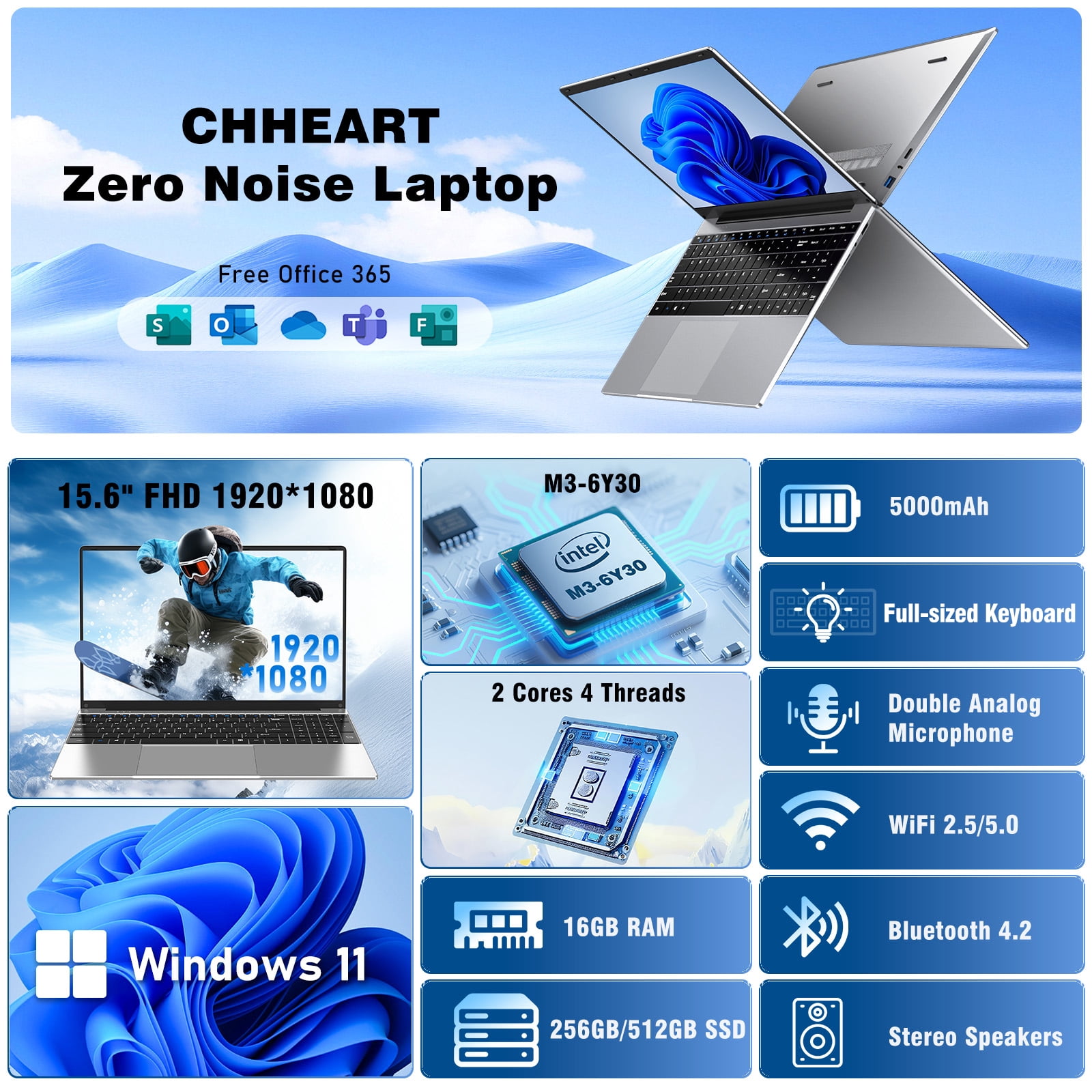 Chheart 2026 New 15.6 Inch Laptop Computer,16GB RAM,256GB SSD,M3 Processor(Beat N4020 up to 2.2 GHz),Windows 11 Pro,2-Year Warranty,Wifi 5 BT 4.2,Silver