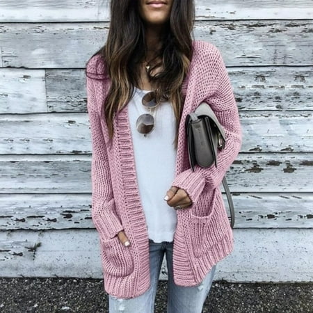 

Womens Sweater Cozy Lightweight Soft Knit Solid Color Loose Fit Long With Pockets Open Front Cardigan Pink S