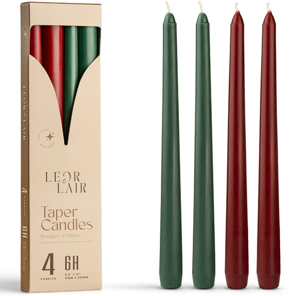 Leor & Lair Christmas Taper Candles - 4 Pack - 10" Red & Green Candlesticks for Christmas Decoration