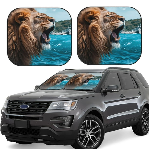 Balery Ice Blue Coastal Lion Parasol para parabrisas de coche de 2 piezas | Parasol plegable para parabrisas delantero de coche para la mayoría de sedanes-Large