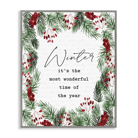 Stupell Industries French Country Most Wonderful Time Winter Wreath Gray Framed Giclee Art, 16 x 20, by Lettered and Lined