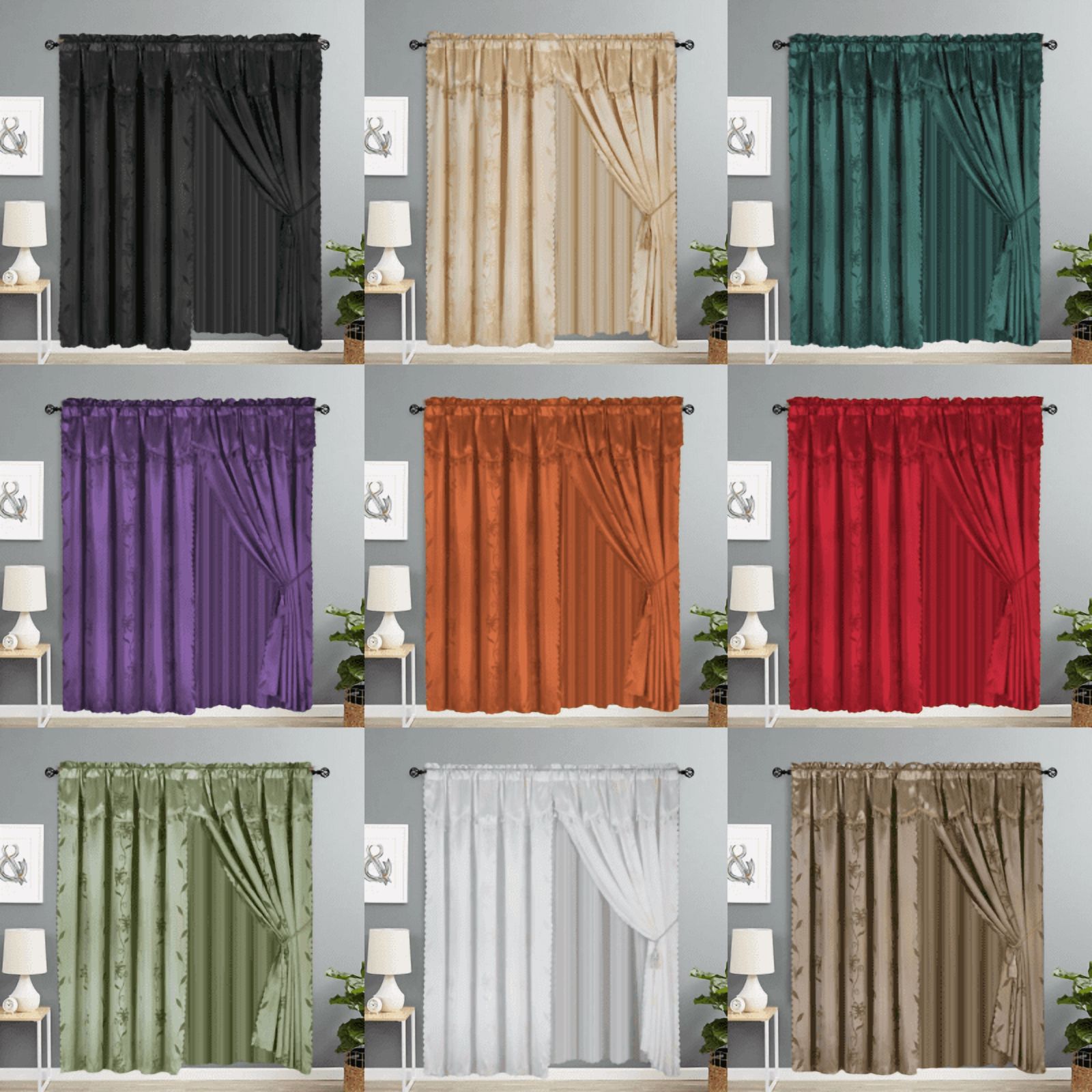 Nada Gold Complete Set Window Curtain Floral Faux Silk Panels Attached Valance and Backing Sheer Rod Pocket 120" W X 84" L
