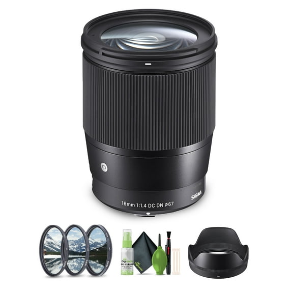 Sigma 16mm f/1.4 DC DN Contemporary Lens for Sony E Mount (MFR Part # 402965) Bundle. Ideal for Professional Portraits Weddings Indoor/Outdoor Adventure, Wildlife, Travel and Photo use   Accessories