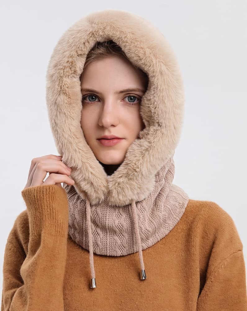 CoCopeaunts Women Winter Fleece Beanie Hat One-Piece Drawstring Knit Beanie Hats Scarf Mask Ski Snow Skull Hat Cap