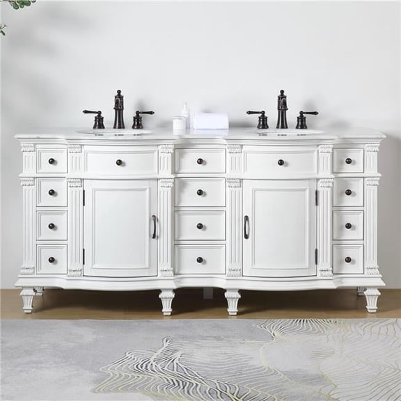 Silkroad Exclusive  Bathroom Double Vanity Sink Cabinet Storage (72-inch) Oil Rubbed Bronze Hardware Carrara White Marble Top