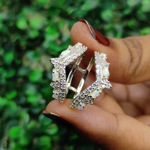 Fire Opal & White Diamond Ring Guard in 925 Sterling Silver – Crown Engagement Ring Enhancer Wrap, October Birthstone