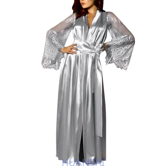 HUANBAI Women Satin Long Nightdress Silk Lace Nightgown Sleepwear Robe ,(Large,Gray)