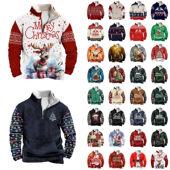 Heydday Christmas Sweatshirts for Men Graphic, Long Sleeve Mens Sweatshirts with Zipper, Loose Fit Sweatshirts for Men Big and Tall with Kangroo Pockets for Winter