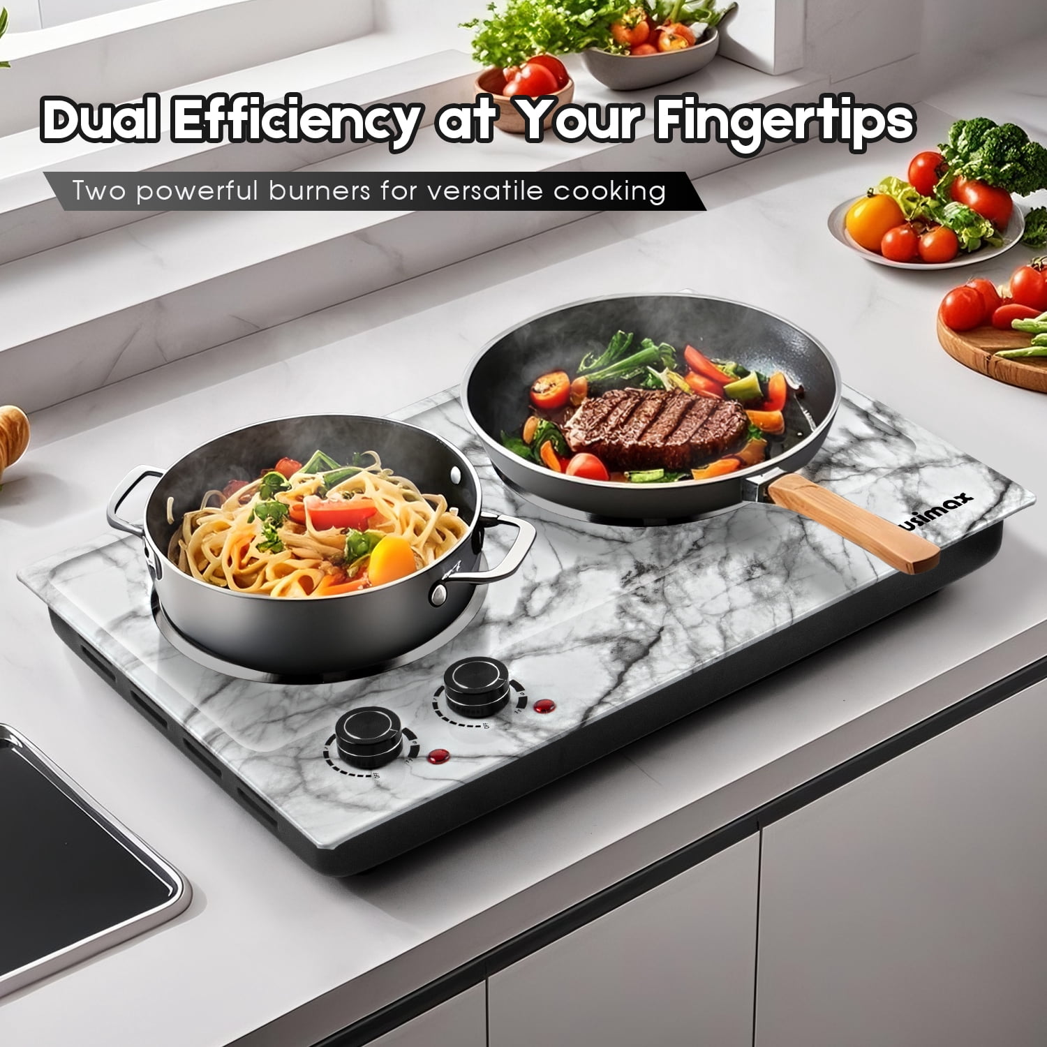 Cusimax 1800W Hot Plate While Marble Ceramic Cooktop Dual Infrared Burner