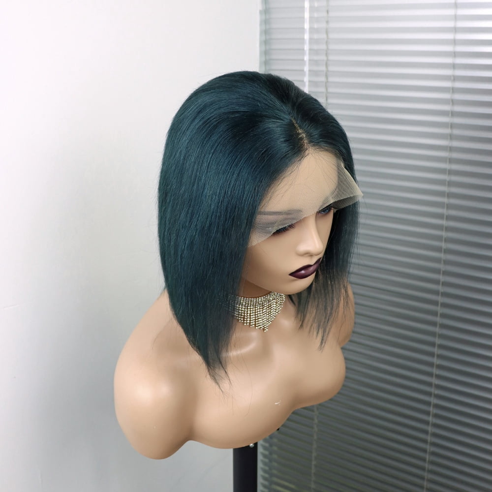 Short Colored Bob Wigs 13×4 Lace Front Human Hair Wigs 14 Inch with Baby Hair 150% Density Straight Bob Green Wigs Brazilian Hair for Women