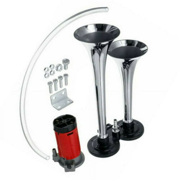 LOUD DUAL TRUMPET TRAIN AIR HORN SYSTEM KIT CAR/TRUCK 12V CHROME COLOR