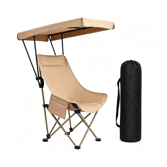 Folding Beach Chair with Canopy, High-Back Portable Camping Recliner for Fishing