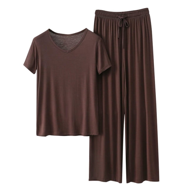 Hontri Ensembles de Pyjama à Manches Longues pour Femmes - Vêtements de Nuit Douillets d'Automne (Grande Taille, Deux Pièces à Col Rond) Café TG