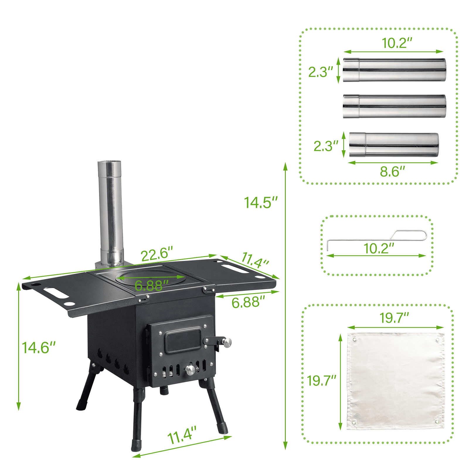 Portable Wood Burning Camping Stove - Collapsible Tent Stove with Chimney Pipes, Fire Blanket & Gloves - 50,000 BTU Heater/Cooker for Tents, Hunting, Ice Fishing - Black Steel (22.6" x 12.2" x 14.6")