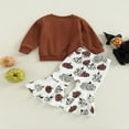 thumbnail image 2 of OUSITAID Girls Autumn Sets Brown Long Sleeve Letter Pullover Pumpkin Print Flared Pants, 2 of 6