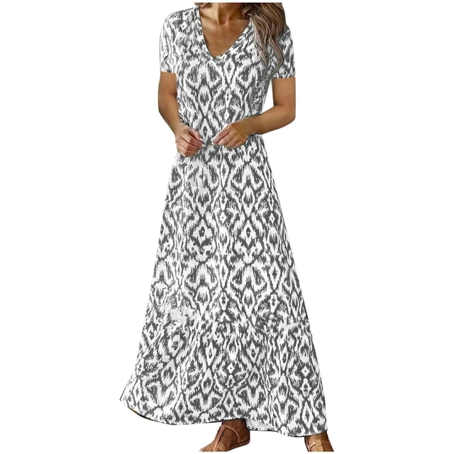 Hyknon Robes pour Femmes Mode Décontractée Printemps et Été Col en V Manches Trois-Quarts Robe Imprimée Décontractée Douce Fluide Ample