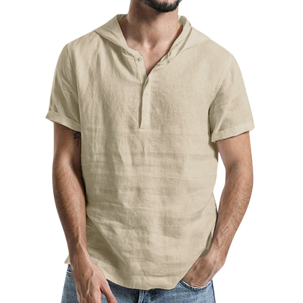Men Baggy Cotton Linen Solid Pocket Short Sleeve V-Neck T Shirt  Blouses M-3XL 