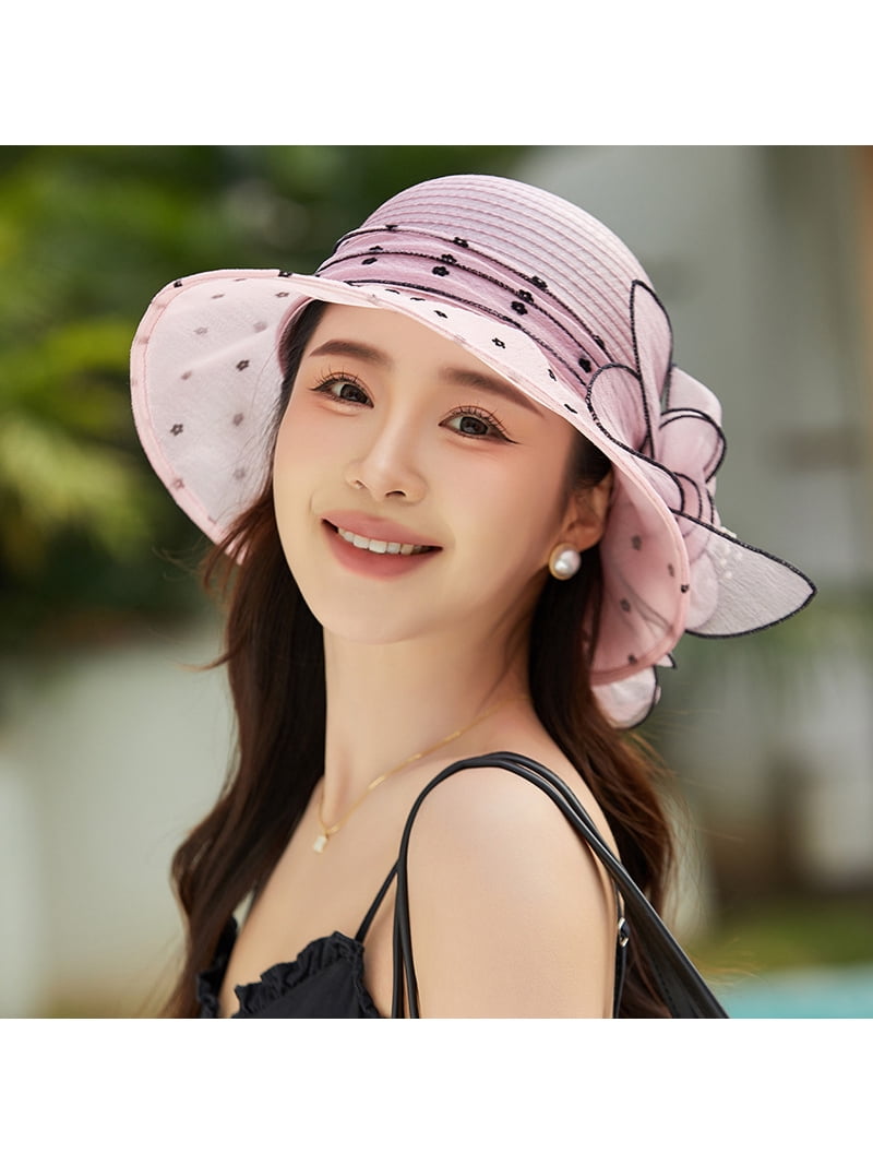 8232 Women Organza Fascinator Hat Dots Wide Brim Sun Caps Bridal Wedding Z&X Organza Church Wedding Hat Bow Flower Fascinator Hairpin  main image 4