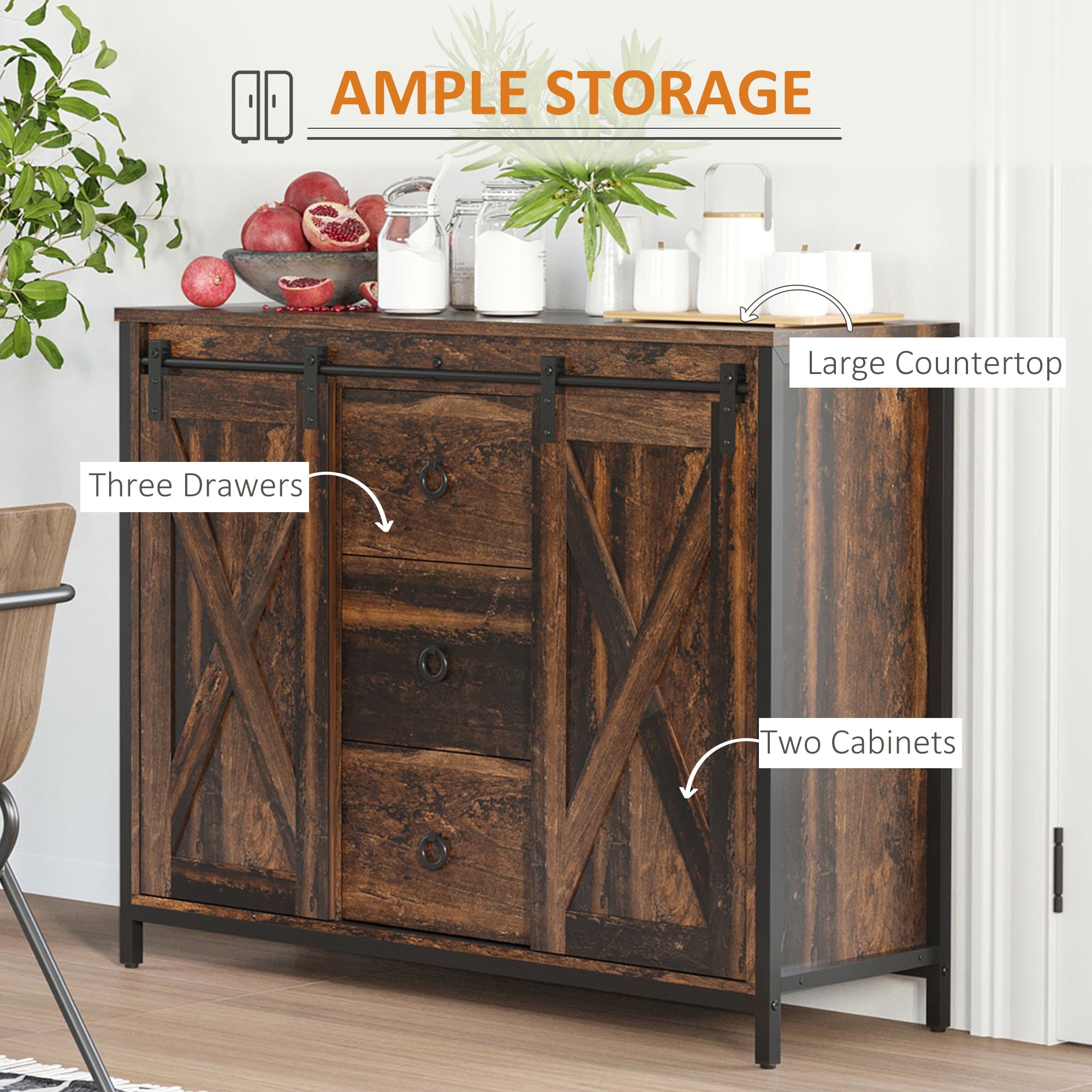 HOQBN Buffet Cabinet, Farmhouse Kitchen Sideboard Storage Credenza with Sliding Barn Doors, Multipurpose Storage Furniture for Dining Room, Living Room and Hallway, Brown