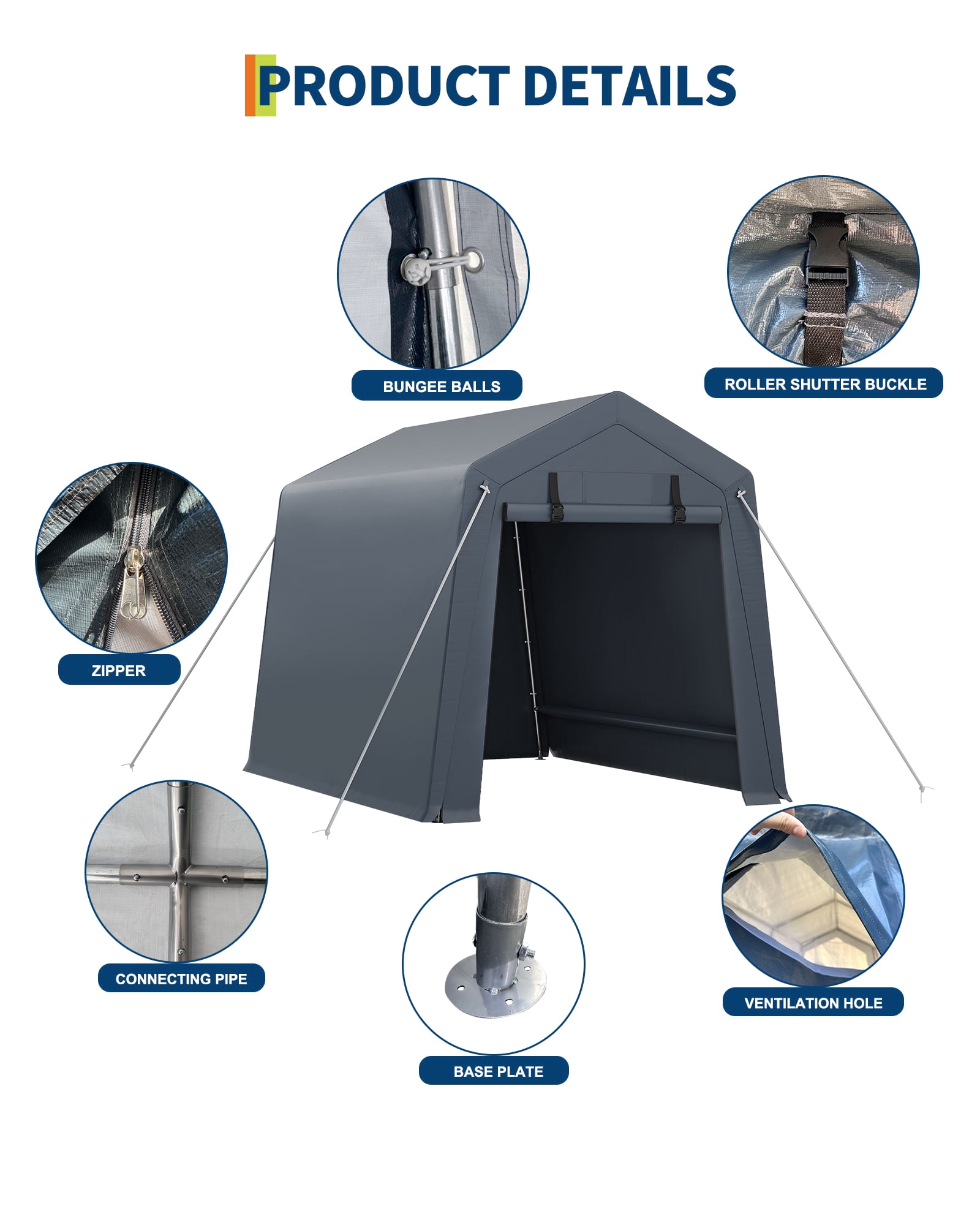 Heavy-Duty Carport Garage for Outdoor Storage, 6x8 FT Waterproof UV-Resistant Portable Shelter with Roll-Up Zipper Doors, Gray/Khaki