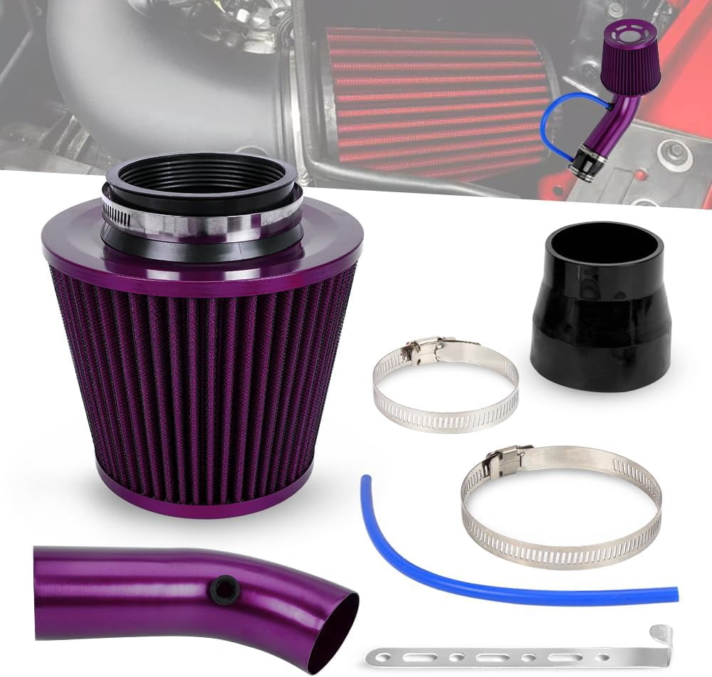 3'' Cold Air Intake Kit Aluminum Automotive Cold Air Intake Pipe Filter Induction Flow Hose Pipe Kit, Purple