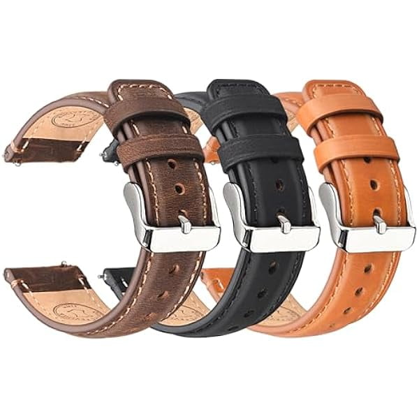 wonima11 3 Pack Leather Watch Strap, 20mm Top Genuine Leather Watch bands for Men, Quick Release Vintage Wristband