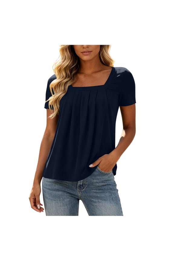 Womens Tops Dressy Casual Square Neck Pleated Short Sleeve Shirts Trendy Business Work Blouses