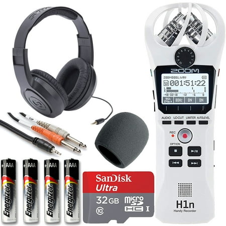 Zoom H1n Handy Recorder White + On Stage Windscreen + SanDisk Ultra 32GB Card + Cable + Samson Headphones + Energizer AAA Batteries