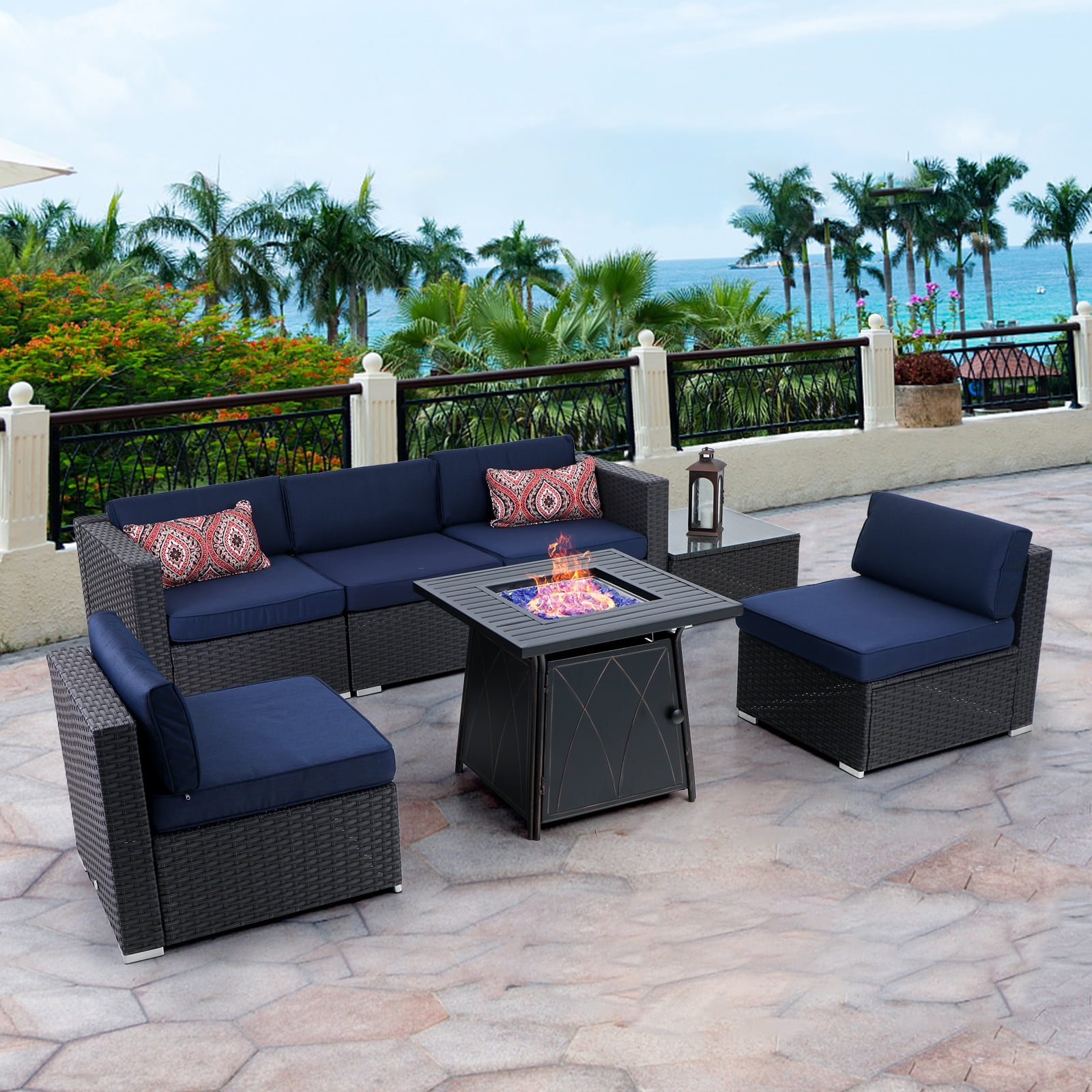 Mf Studio 7 Piece 28 Quot Gas Fire Pit Table Set 50000 Btu Propane Gas Fire Pit Table With Outdoor Rattan Sectional Sofa Sets Suitable For Garden Patio Yard Walmart Com Walmart Com
