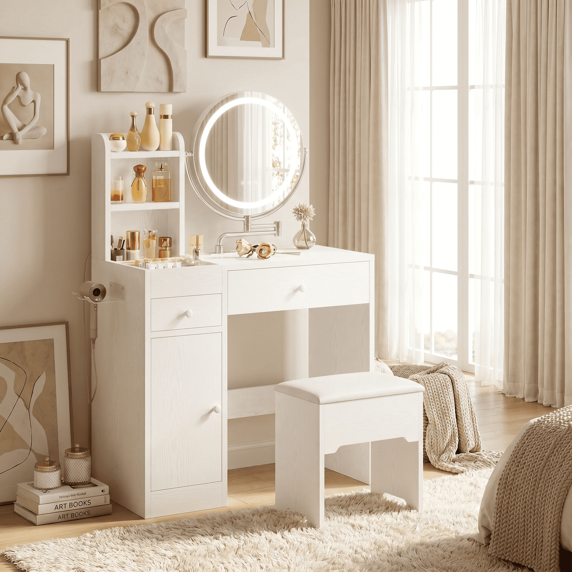 IRONCK Makeup Vanity Table Set with Adjustable LED Mirror, Power Outlet & Storage Drawers, White