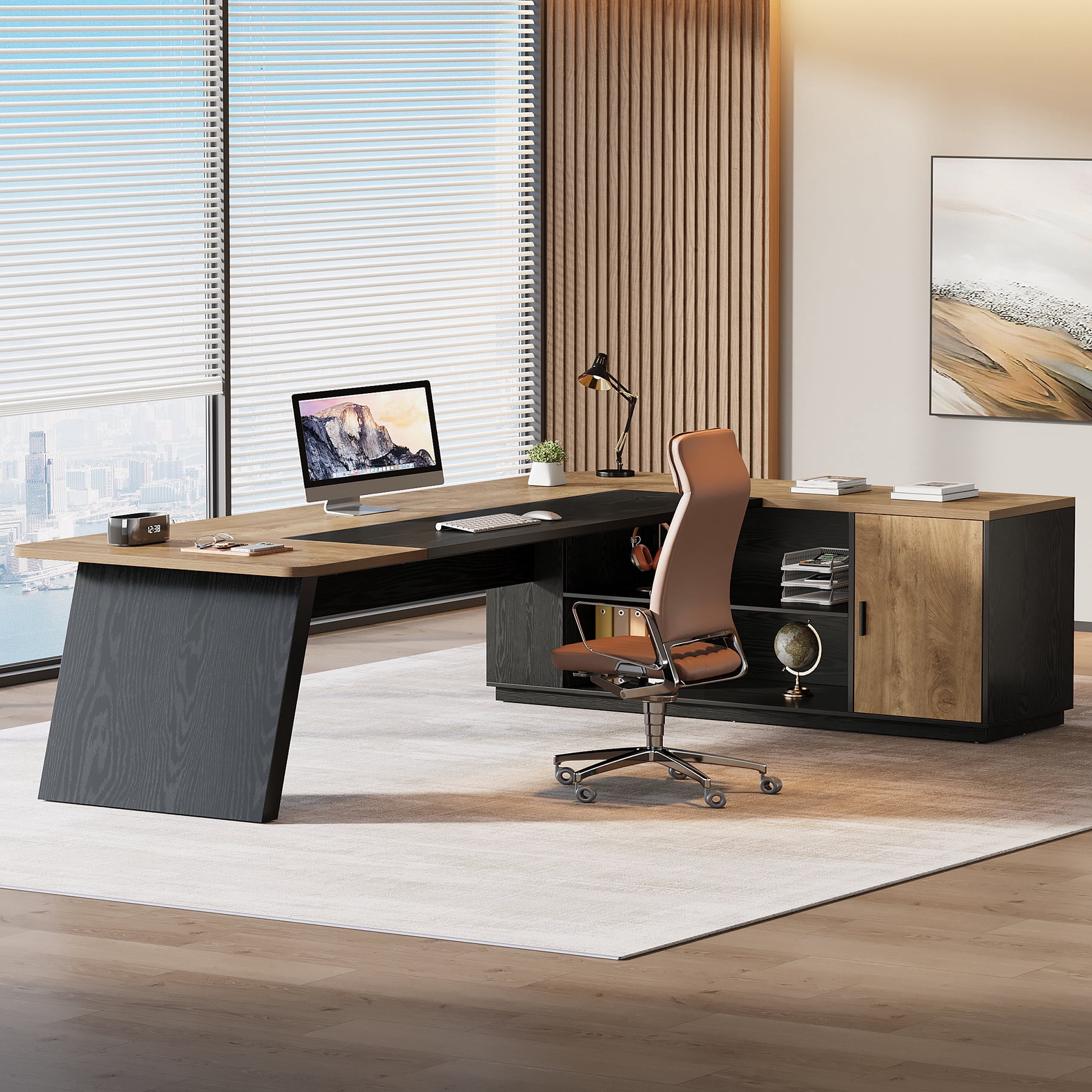 Finmind Executive Desk with Cabinet, 79-inch L-Shaped Computer Desk with Storage Shelves for Home Office, Natural Brown and Black
