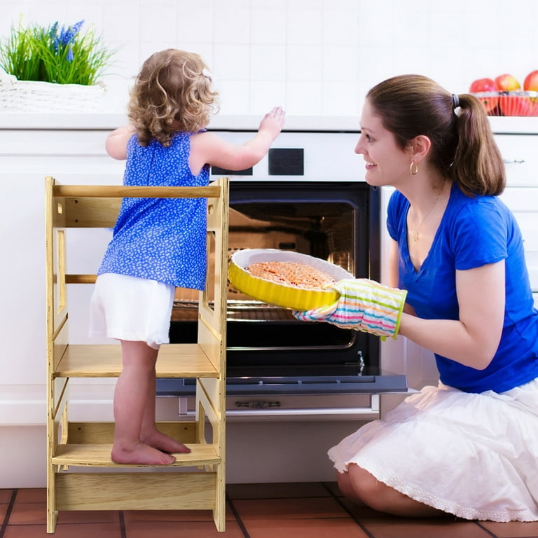 Fionafurn Kids Wooden Step Stool with Safety Rail Adjustable Height Standing Tower Learning Stool for Kitchen Counter Natural