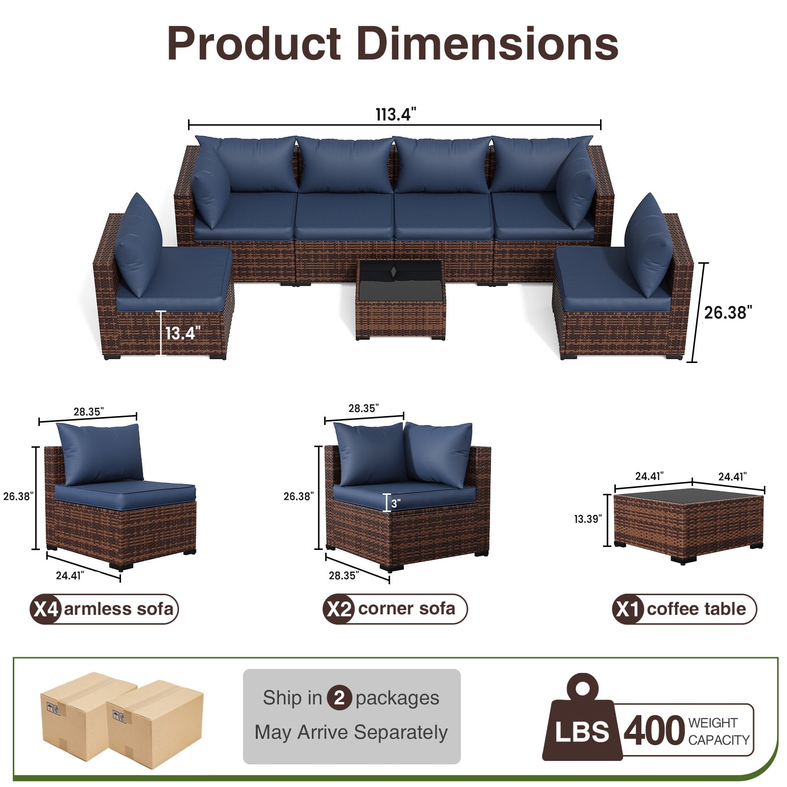 ELPOSUN 7 Pieces Patio Furniture Set All Weather Outdoor Sectional Sofa, Outdoor Modern Sectional Furniture Wicker Couch with Glass Coffee Table, Thicken Navy Blue Cushions, Water Resistant