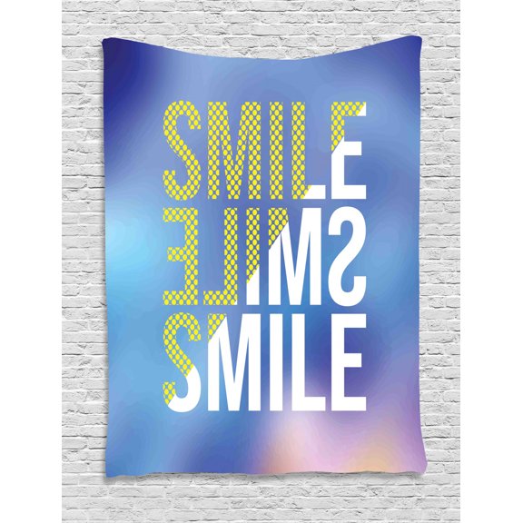 Smile Tapestry, Modern Big Positive Lettering in Different Designs, Wall Hanging for Bedroom Living Room Dorm Decor, 60W X 80L Inches, Azure Blue Pale Sky Blue Yellow Pastel Brown, by Ambesonne
