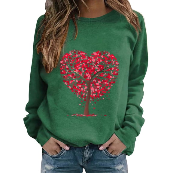 WTXUE Women's Heart Sweatshirt Love Heart Graphic Print Long Sleeve Crewneck Shirts Heart Pullover Sweatshirts Athletic Sweatshirts Loose Fit Sweatshirts for Women Valentines Day Outfit Green L