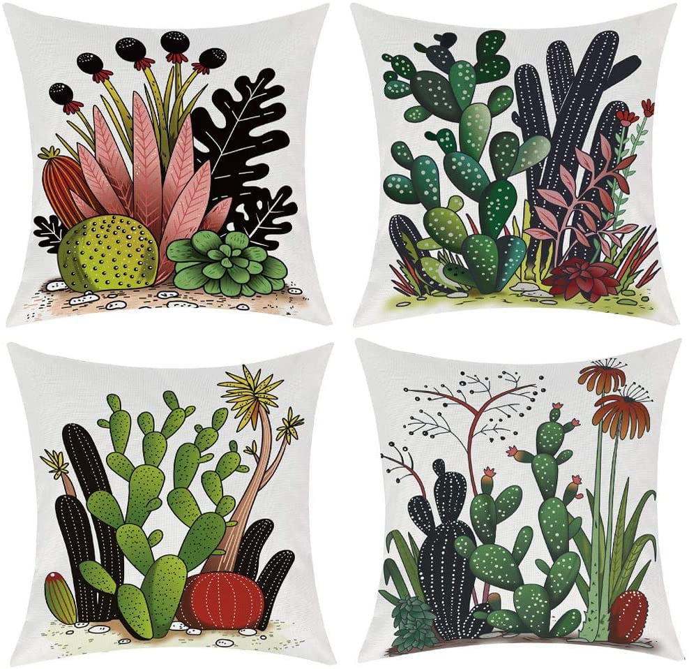 Cactus Series Green Plant Print 18x18 inch Cushion Cover Linen Throw Pillow Case 