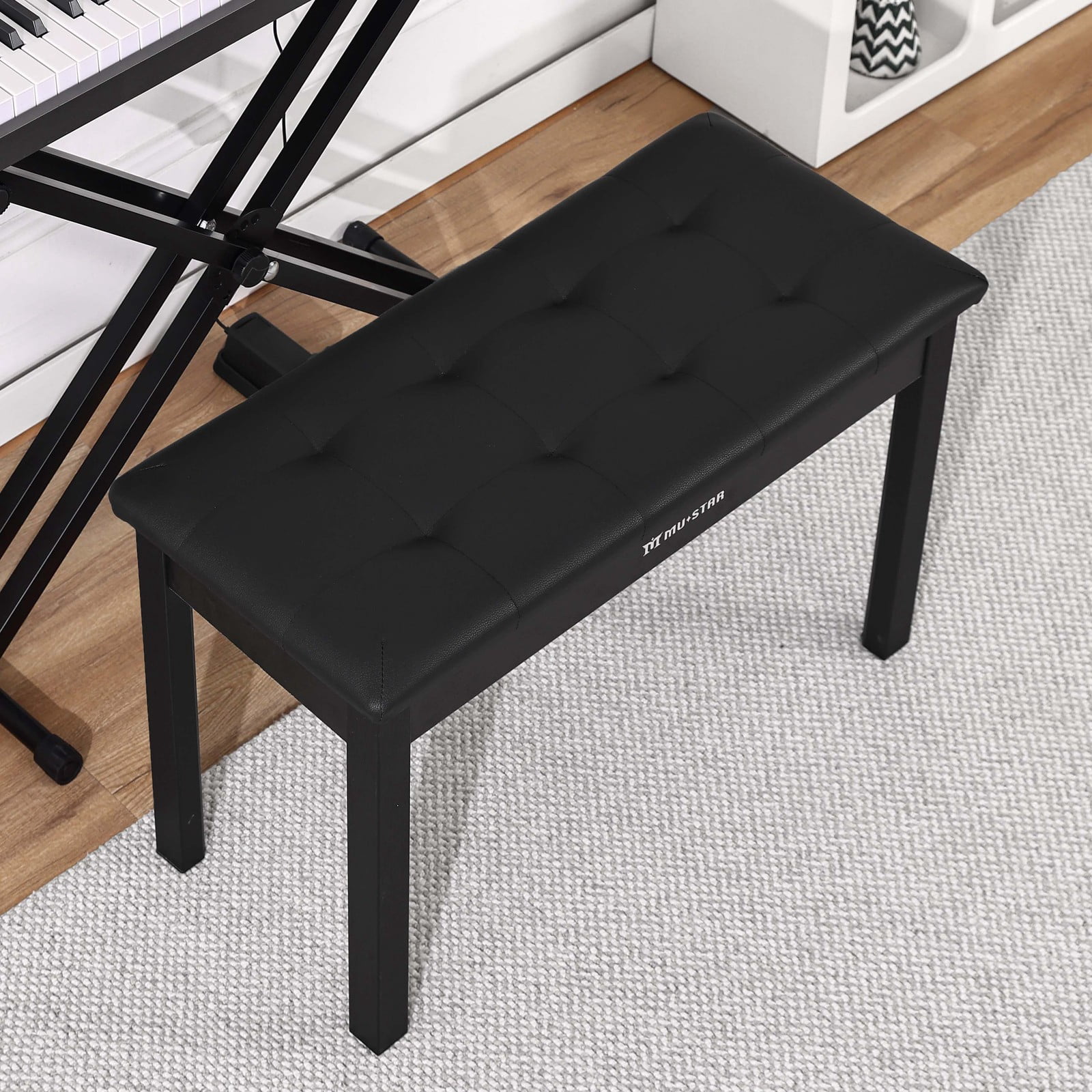 MUSTAR Wooden Duet Piano Bench with Storage Compartment,Padded Dual Seat,Keyboards Organ Stool with Hidden Sheet Music Organizer(Black)