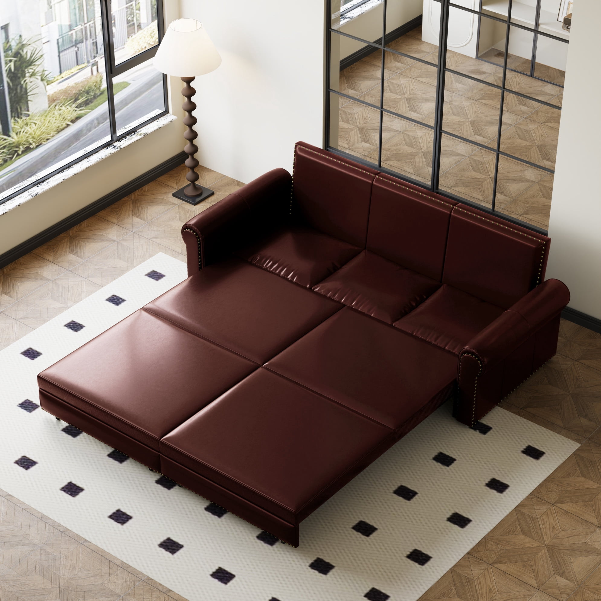93.7" Chesterfield Sofa, King Pull Out Sofa Bed with Nailhead Trim, 3-in-1 Faux Leather Convertible Sleeper Sofa with Rolled Arm, for Apartments, Living Room, Burgundy