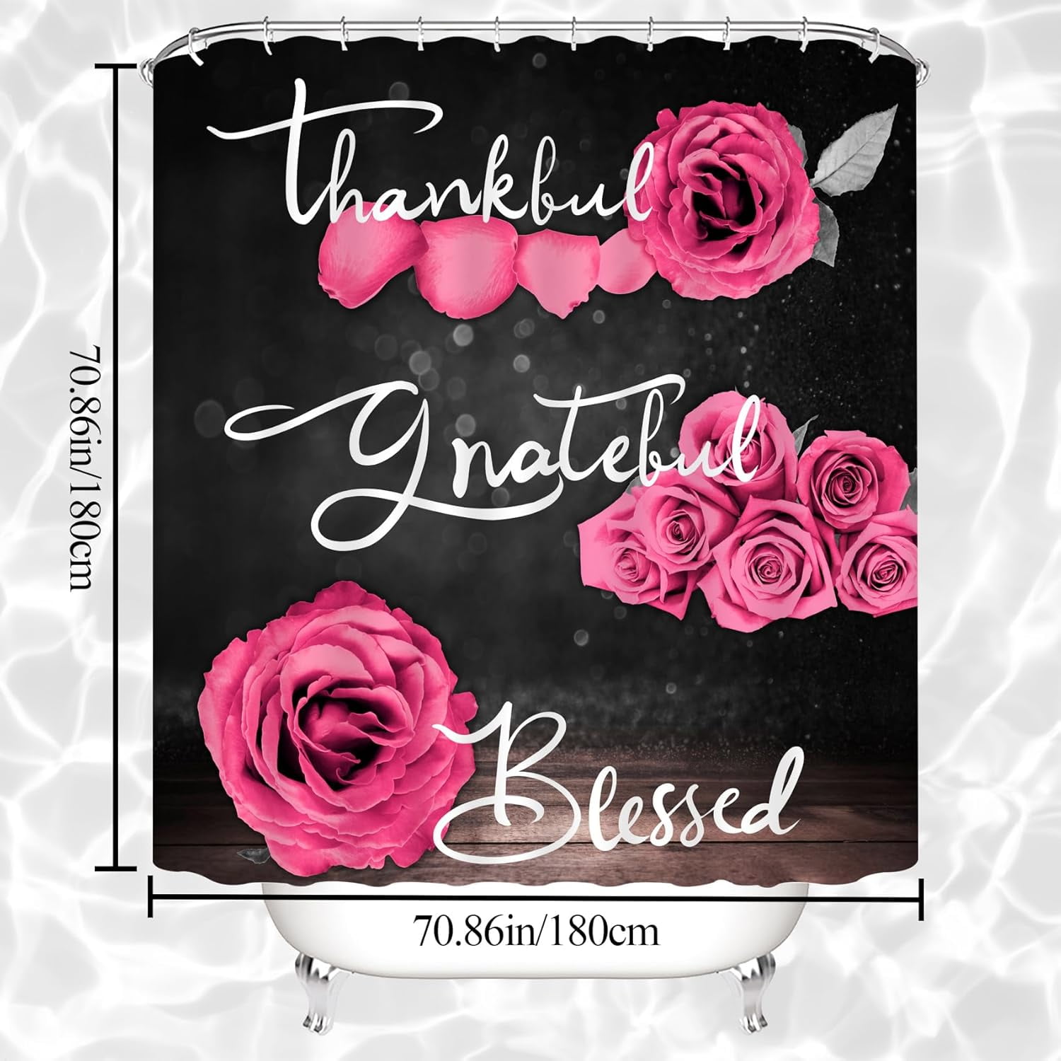 Pink Rose Shower Curtain Sets, Thankful Grateful Blessed Bathroom Curtain with Non-Slip Rug, Toilet Lid Cover, Bath Mat and 12 Hooks, Romantic Showy Floral Wedding Decor for Bath