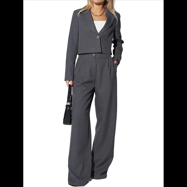 Conjuntos de 2 Piezas para Mujer: Blazer Elegante, Chaqueta, Pantalón Recto de Cintura Alta, Conjunto Informal de Negocios. Gris Oscuro S