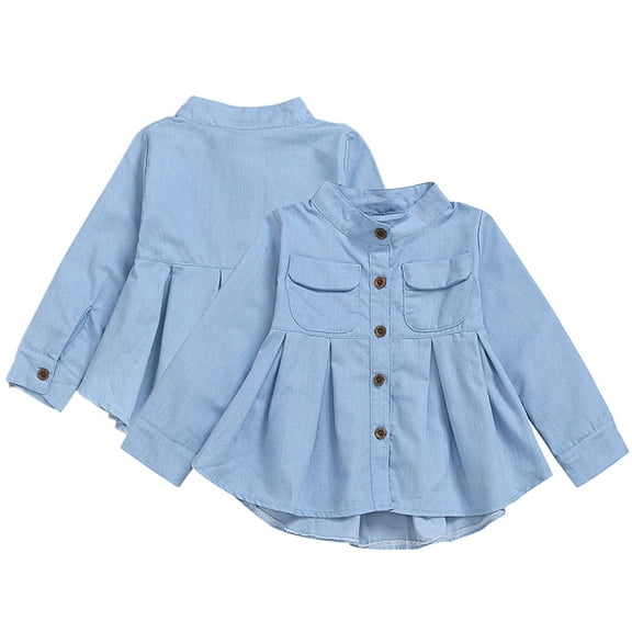 KYAIGUO 5-12Y Spring Fall Girls Ruched Denim Shirt Dress Long Sleeve Cotton Jeans Blouse Tops for Toddler Kids