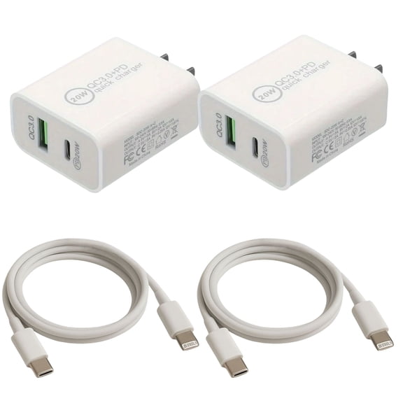 Fast Charging 20W Wall Charger Set, 2 Power Adapters with USB-C and USB-A, Includes 2 USB-C to Lightning Cables
