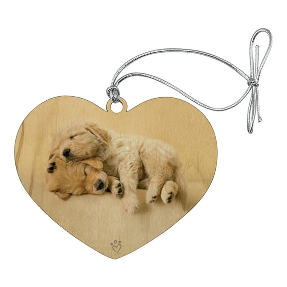 Golden Retriever Puppies Dogs Friends Sleeping Heart Love Wood Christmas Tree Holiday Ornament