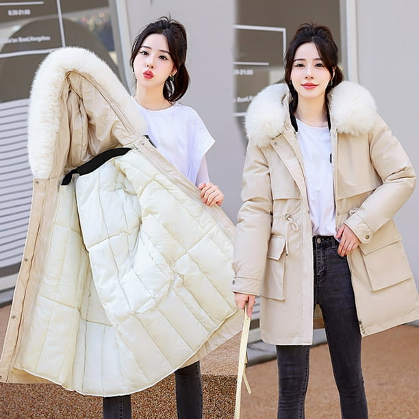 drppepioner Womens Winter Jacket Warm Overcoat Slim Fur-Collar