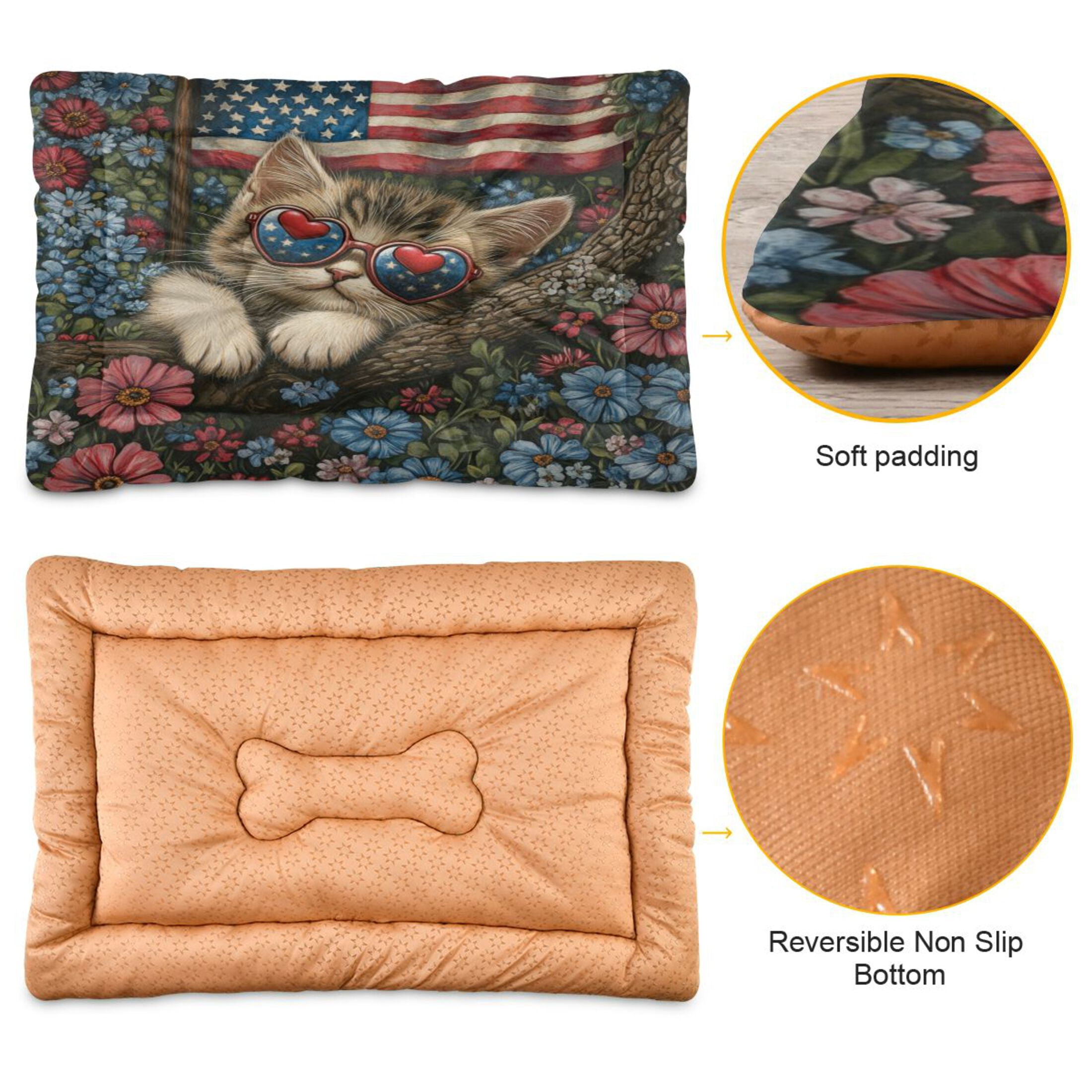 Qxltty American Flag Floral Cat Ped Pad Wear-resistant and Hard to Bite Through Sleeping Pad for Small Medium Large Dogs Winter Pet Bed 36×24in