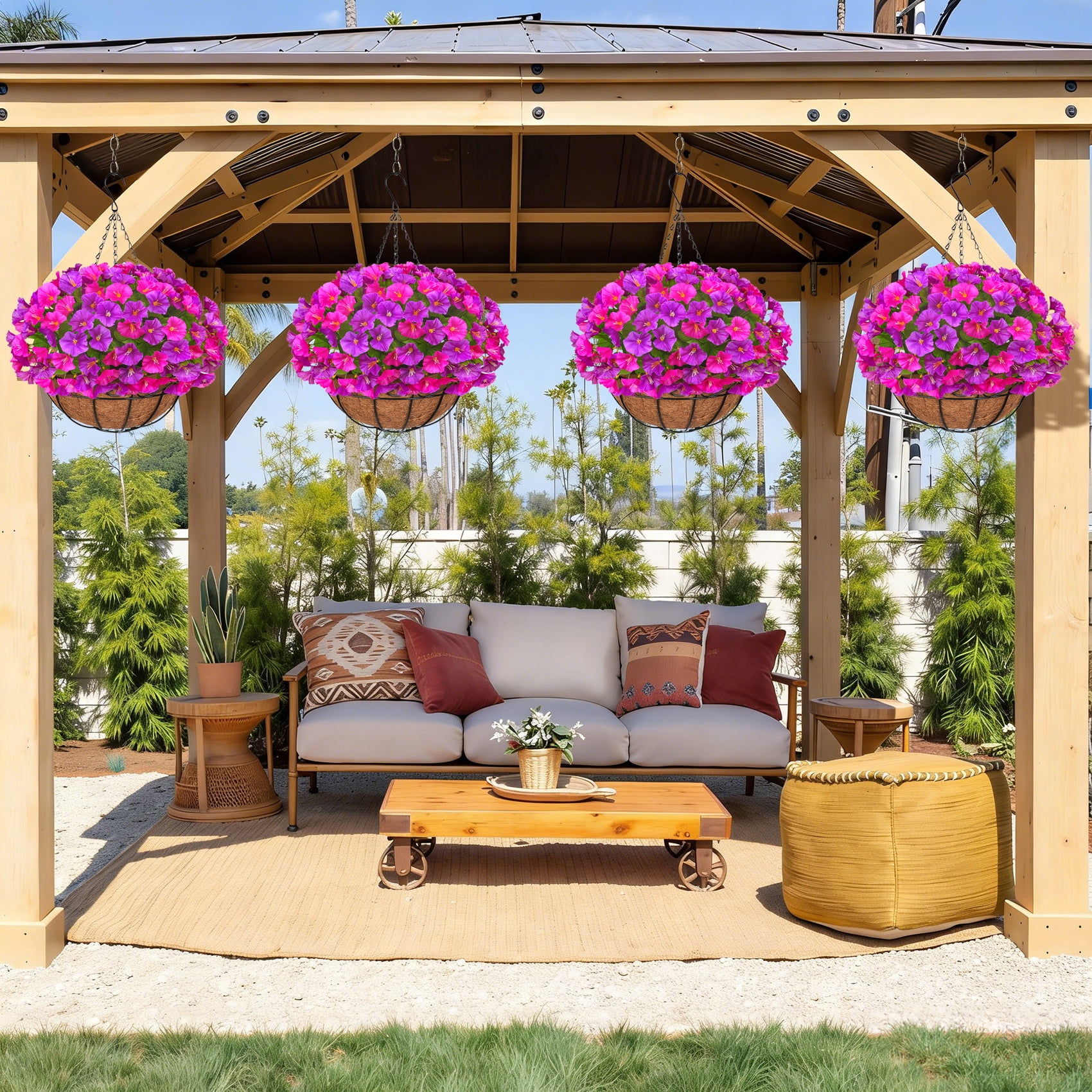 AcerichFad Artificial Hanging Flowers, 4 PCS Fake Silk Flowers Faux Plants with Coconut Basket for Spring Summer Indoor Outdoor Home Decor, Rose Red and Fuchsia