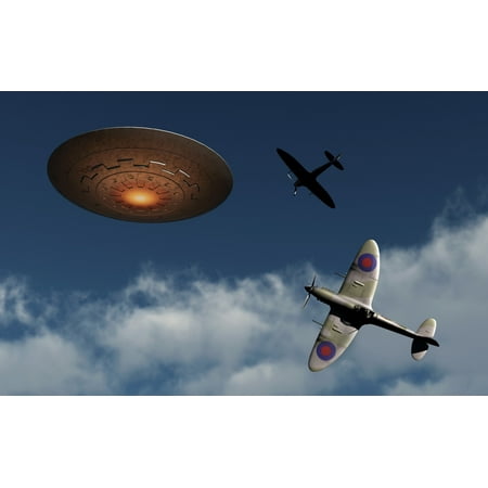 A pair of Royal Air Force Supermarine Spitfires giving chase to a UFO Canvas Art - Mark StevensonStocktrek Images (36 x