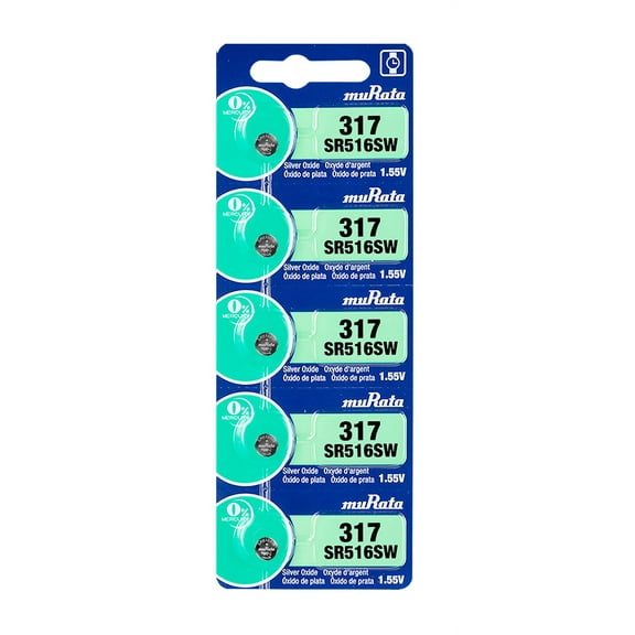 Murata 317 SR516SW Battery 1.55V Silver Oxide Watch Button Cell - Replaces Sony 317 (5 Batteries)